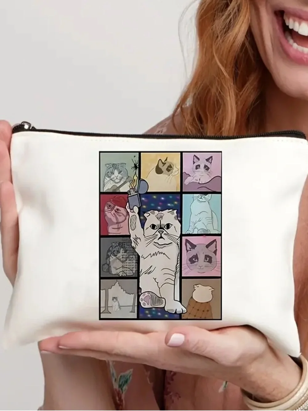 Cat Mosaic Zipper Pouch - White
